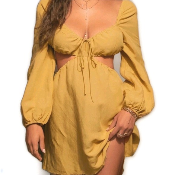 emory park Dresses & Skirts - EMORY PARK Dress Size L Yellow Bohemian Cut Outs Low Back Linen Blend‎